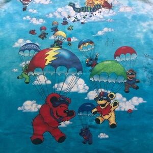 THE GRATEFUL DEAD Skydiving Bears Hot Air Ballon Whimsical Short Sleeve Tee Blue